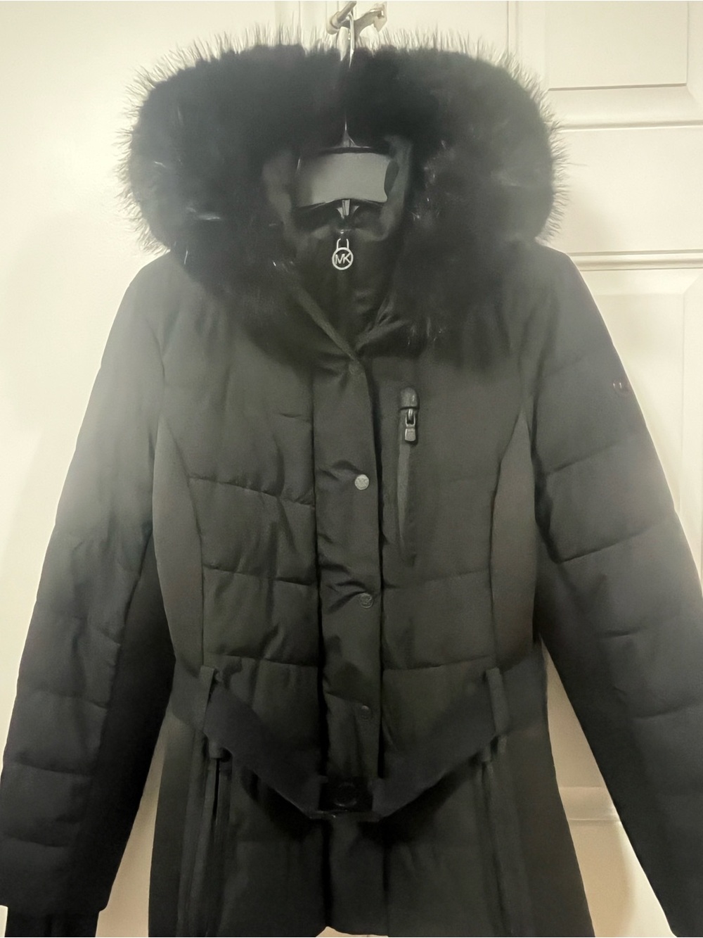 Michael Kors Black Quilted Down Puffer Coat with Fur-Trim Hood